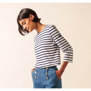 Saint James Meridien Striped Cotton Boat Neck Top Navy White Made in France S